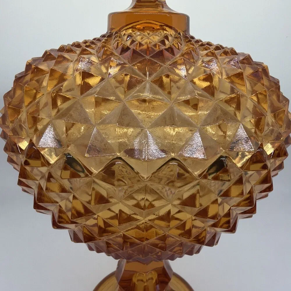 Westmoreland Diamond Point Amber Glass Lidded Pedestal Compote Bowl w/ Lid